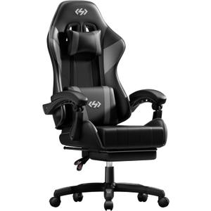 HLDIRECT Gaming Chair, Ergonomic Computer Office Chair with Lumbar Support Footrest Headrest, Adjustable Height & Backrest Angle Video Gamer Chair, PU Leather, 360° Swivel, Adult (Black&Grey), Standard