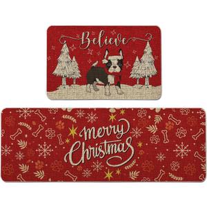 Christmas Kitchen Mat Set of 2 Boston Terrier Kitchen Rugs, Xmas Decorative Farmhouse Floor Mats for Home Kitchen Dining Room Decorations - 17x27 and 17x47 Inch