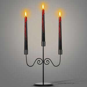 3 Arms Halloween Candelabra with 3 Bleeding Candles Metal Black Candlestick Gothic Tapered Candle Holder Tears Taper Candles for Table Centrepiece Halloween Party Church Decoration