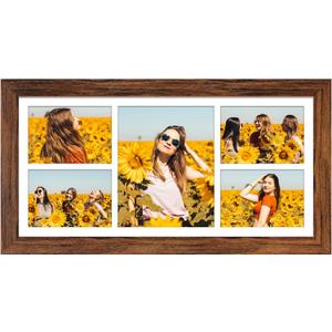 11x23 Picture Frame Display 5 opening 5x7 and 8x10 Picture Frame Collage,Multi Photo Frame with Mat,Plexiglass,Horizontal and Vertical Formats for Wall Decor,Carbonized Brown Wood Grain