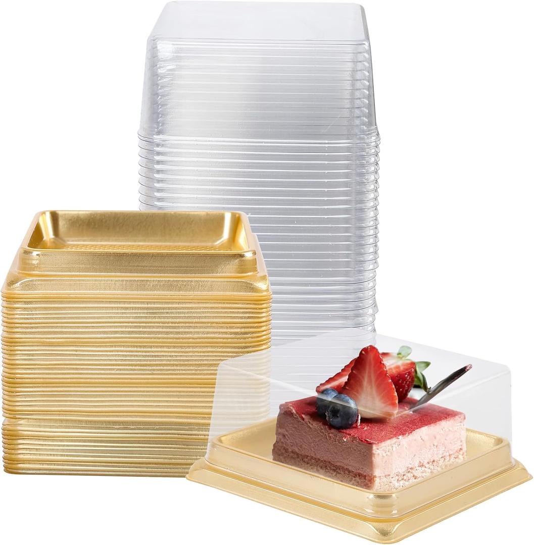 Hewnda 50 Pack of Gold Cake Pans,bottom 3 inch X height 1-1/2 inch of Clear plastic mini cake box muffins box cookies box wedding birthday gift box