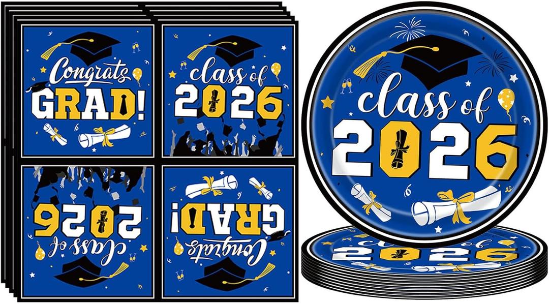 36PCS Class of 2026 Graduation Plates and Napkins Tableware Disposable Dinner Dessert Plates and Napkins for Congrats Grad Party Decorations Blue