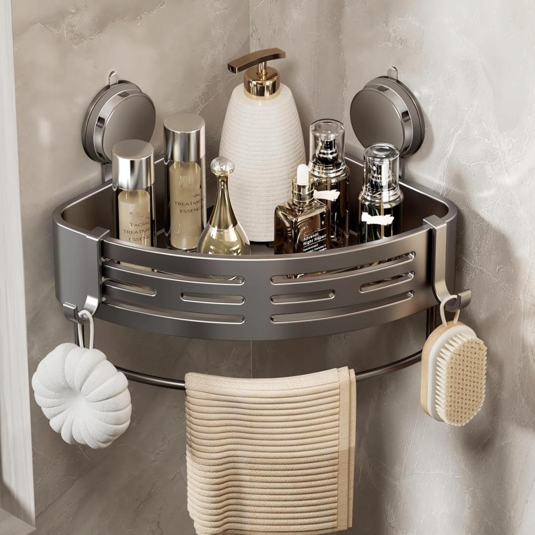 VOLPONE Shower Caddy Corner Suction Cup Shower Shelf Corner No Drilling Bathroom Shower Organizer Storage Rack Adhesive (1-Pack, gray)