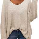 BZB Women's V Neck Long Sleeve Knit Loose Oversized Pullover Sweater Top (Large, X-beige)