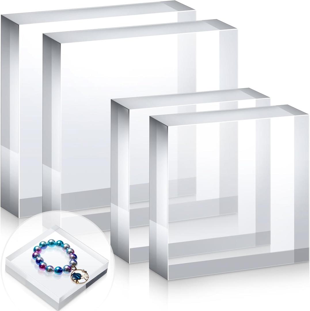 Vicenpal 4 Pieces Acrylic Square Display Block 3 x 3 x 1 Inches, 4 x 4 x 1 Inches Clear Polished Acrylic Cube Acrylic Jewelry Display Stand Ring Showcase Display Holder Base
