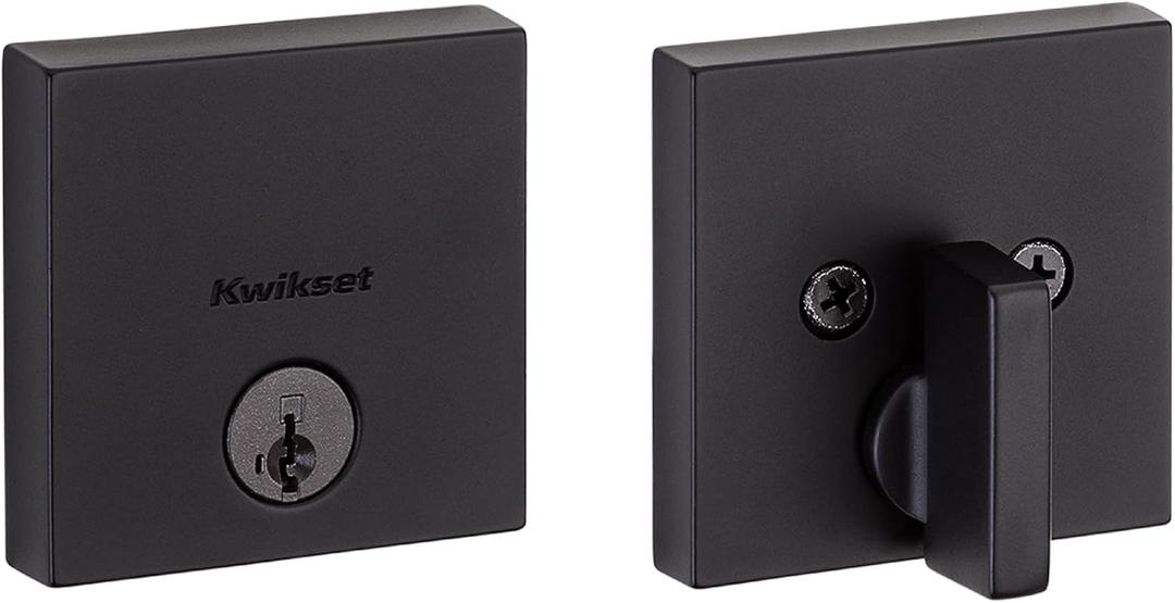 Kwikset Downtown Deadbolt Lock, Matte Black Square Exterior Keyed Front Entry Door, Pick Resistant SmartKey Rekey Security, Single Cylinder Dead Bolt, with Microban Protection