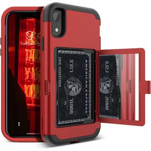 WeLoveCase for iPhone XR Wallet Case Design with Card Holder and Hidden Back Mirror Three Layer Heavy Duty Protection Shockproof All-Round Armor Protective Case for iPhone XR, Red