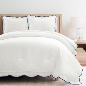 Lush Decor Coastal Chic Scalloped Edge Comforter Set, 3 Piece Set King/California King, Navy & White - King Bedding Set - White Comforter King Size - Coastal Decor