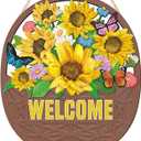 IARTTOP Sunflower Welcome Wooden Sign(10x12), Rustic Farmhouse Summer Yellow Flower Wall Hanging Sign, Colorful Floral Butterfly Door Decor for Front Door Garden Porch Home