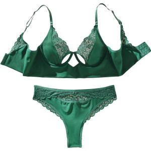 SOLY HUX Women's Lace Sheer Push Up Lingerie Underwire Bra and Panty Two Piece Underwear (Green, M)