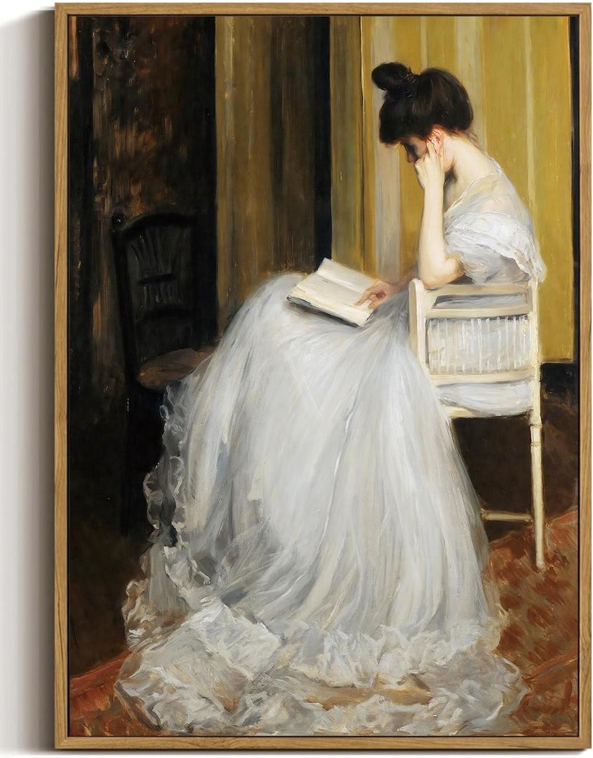 WALLZK Vintage Framed Wall Art Lady Reading Canvas Prints Victorian Women Portrait Decor Pictures Artwork for Walls Living Room Study Bedroom Bathroom 8"x10" (White dress)