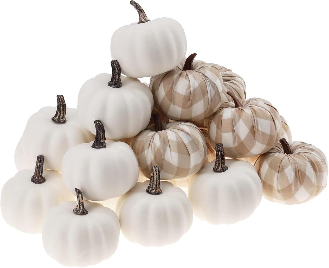 Woration 20 Pack Small Artificial Lifelike Pumpkin Fake White & Beige Plaid Fabric Mini Pumpkins for Home Fall Harvest Decor Thanksgiving & Halloween Decoration