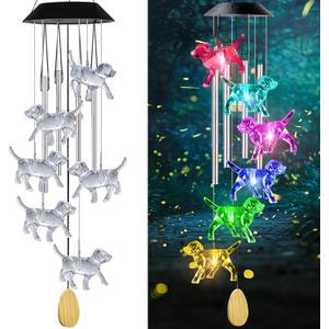 Dog Solar Wind Chimes with 4 Music Aluminum Tubes, Wind Chimes of Outside, 7 Colors Changing Outdoor Waterproof Crystal Dog LED Wind Bell, Home Party Yard Garden Decor