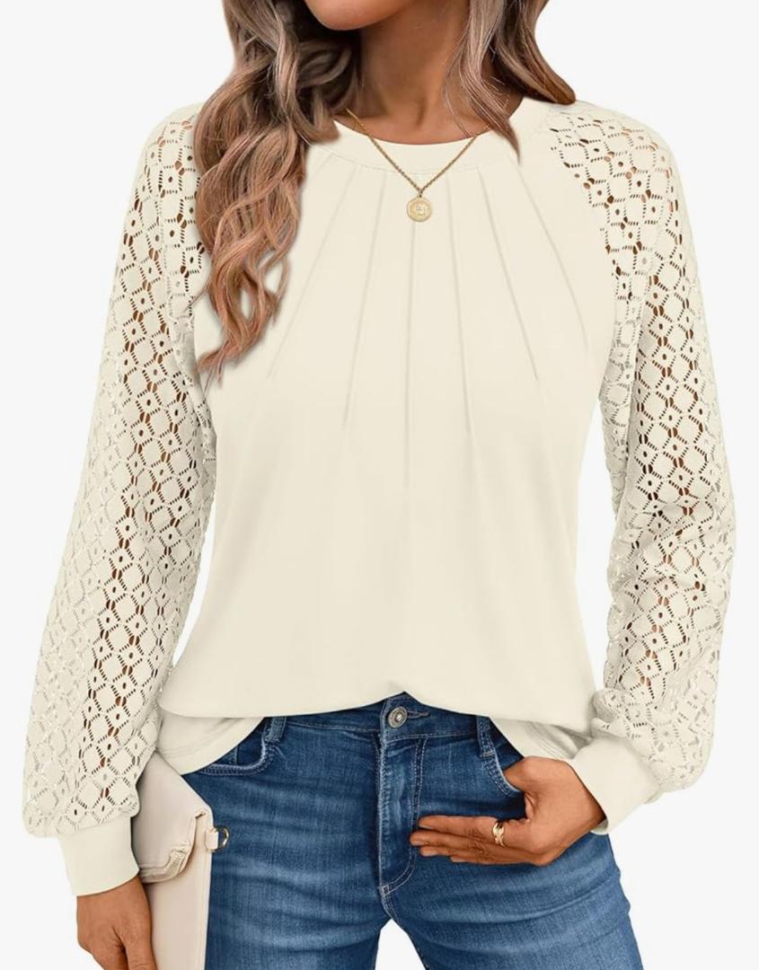 Womens Long Sleeve Shirts Pleated Lace Tops Fall Fashion Outfits Business Casual Blouses Size M