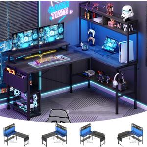 Aheaplus L Shaped Gaming Desk with Power Outlets & LED Lights, Small L- Shaped Desk Computer Corner Desk with Monitor Stand & Storage Shelf, Home Office Desk Writing Desk with Storage Bag, Grey Oak