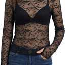 Women's Lace Tops Mesh Sheer Long Sleeve See Through Undershirt (Black, S)