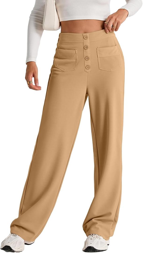 EVALESS Womens High Waist Button Stretchy Work Pants Straight Leg Office Dress Pant Business Casual Trousers with Pocket (Beige, XL)