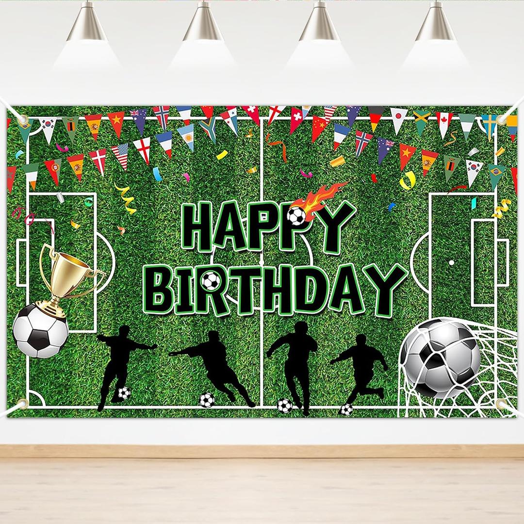 Soccer Birthday Banner 6x3.6 ft Football Field Backdrop for Boy Men Soccer Birthday Party Decorations Sports Theme Photo Booth Background