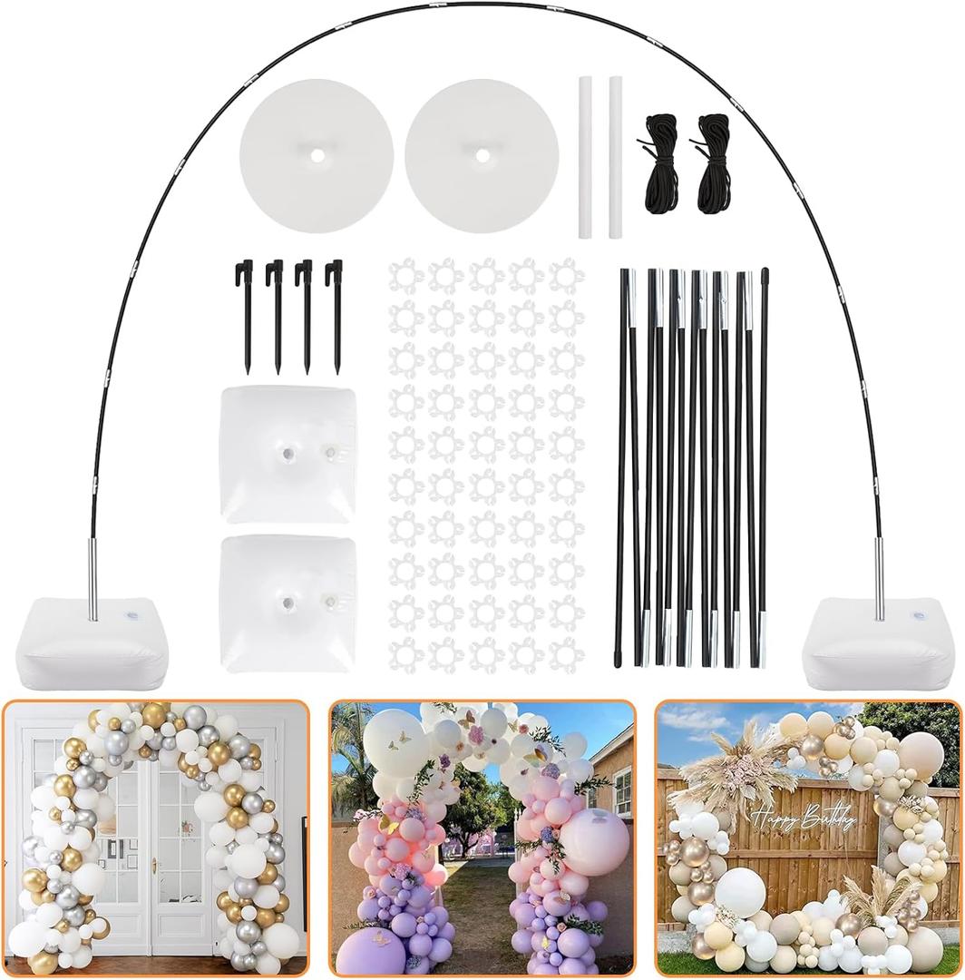 RUBFAC Balloon Arch Kit, 8ft Tall & 9ft Wide Adjustable Balloon Arch Frame Stand with 2 PVC Bases,2 Water Fillable Bags, 50pcs Balloon Clips for Wedding Party Baby Shower Supplies Christmas Decoration