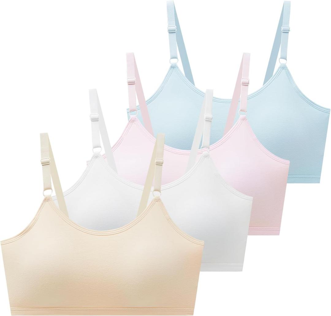 SALIA GIRL Sport Cami Bras Cotton for Teens Girls Training Bras 10-16 with Adjustable Straps Fixed Pads (White/Pink/Blue/Skin)