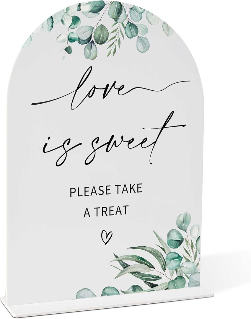 Greenery Love is Sweet Sign, 8 x 11 Inch White Arch Acrylic Wedding Sign with Holder, Wedding Sign for Ceremony and Reception, Wedding Decoration, Wedding Supplies - H25