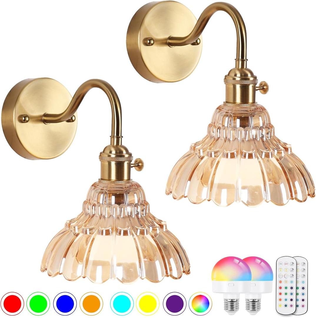 Vintage Battery Operated Wall Sconces Set Of Two, Indoor not Hardwired Brass Amber Glass Lampshade Fixtures,Rechargeable Wireless RGB Wall Lights with Dimmable Remote Control,for Bedroom Living Room