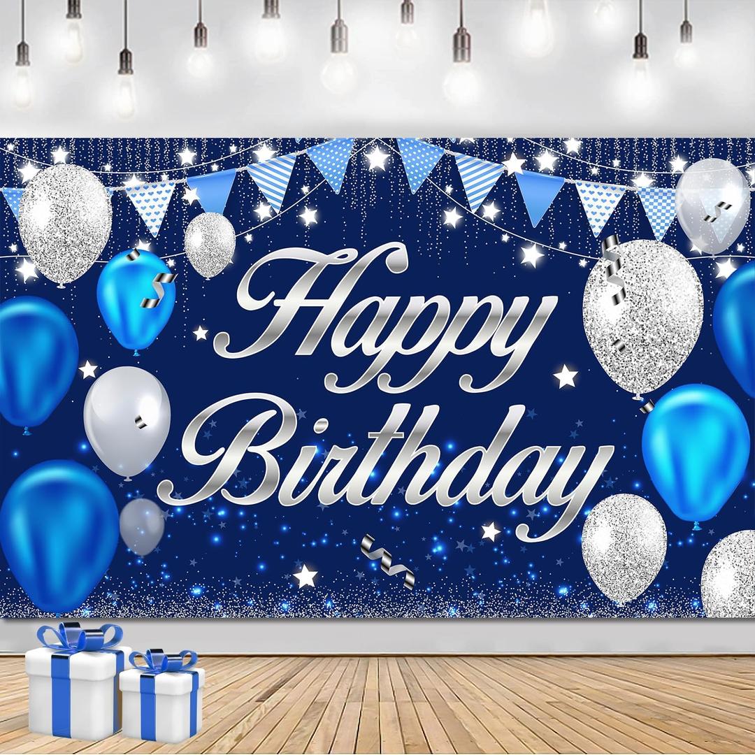 Happy Birthday Banner - Birthday Decorations for Men Women Boys Girls Blue Sliver Birthday Party Banners Welcome Happy Birthday Background Sign Theme Party Decorations Indoor Outdoor