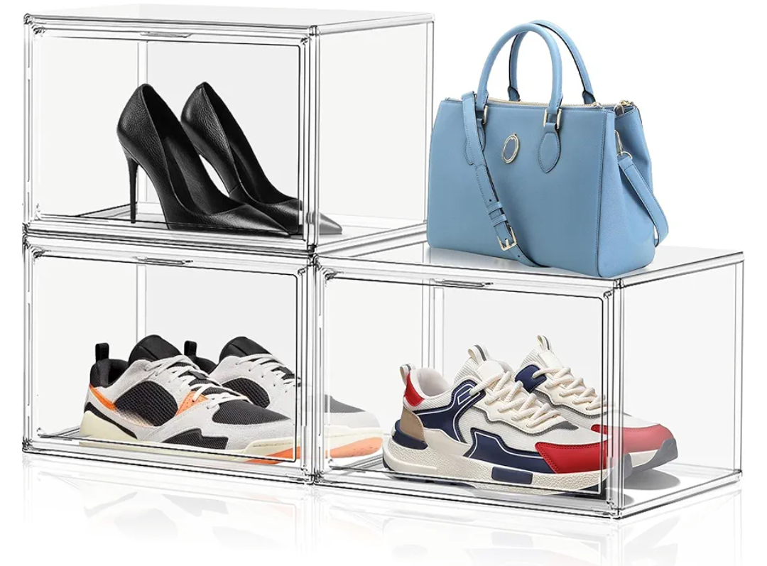 3 Pack X-Large Acrylic Shoe Display Case Size 14 Clear Stackable Handbag Organizer Sneaker Storage Box Shoe Contianers with Magnetic Door Purse Organizer for Closet