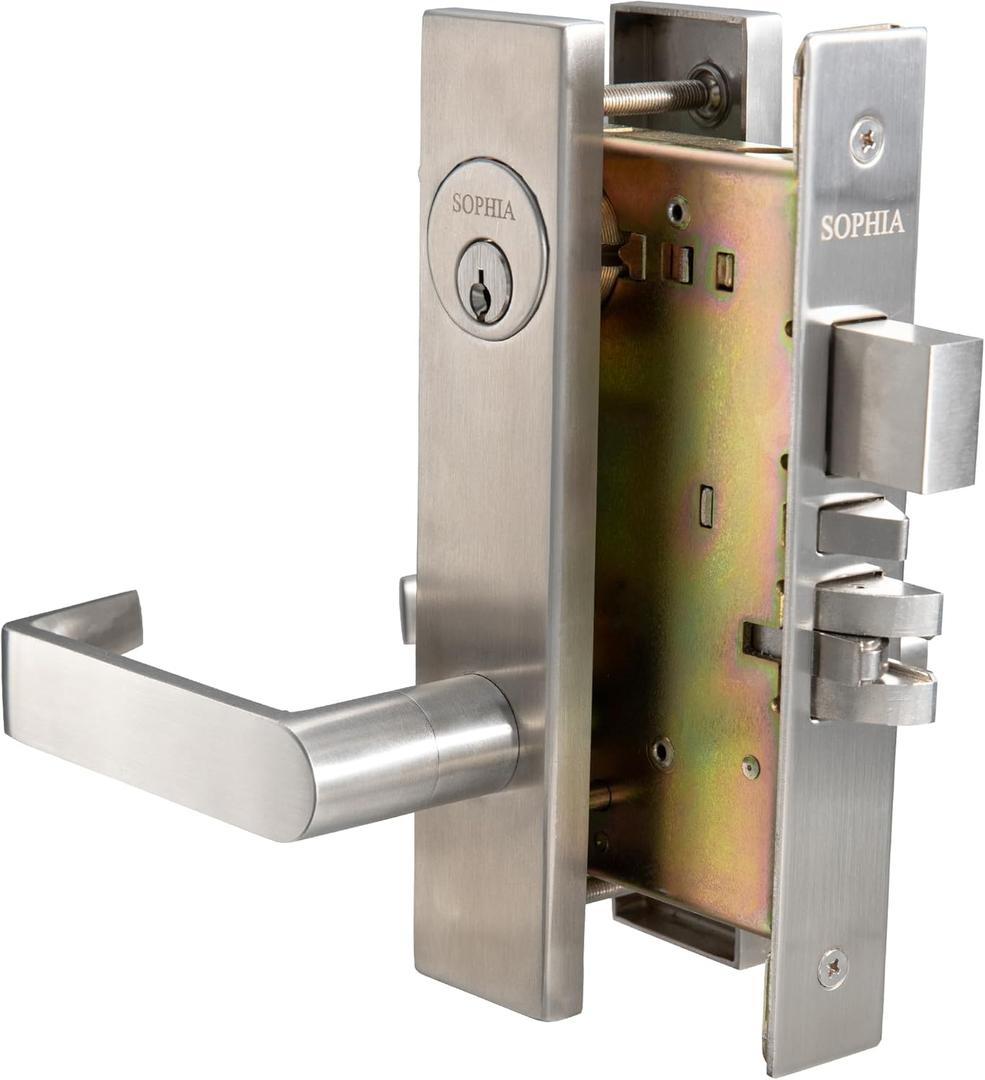 SOPHIA Commercial/Residential Heavy Duty Mortise Lockset Door Lever Lock Non-Handed Grade 1 - Escutcheon Plate Keyed Lever Lockset, ADA, US32D Satin Chrome Finish for Entrance Front Door