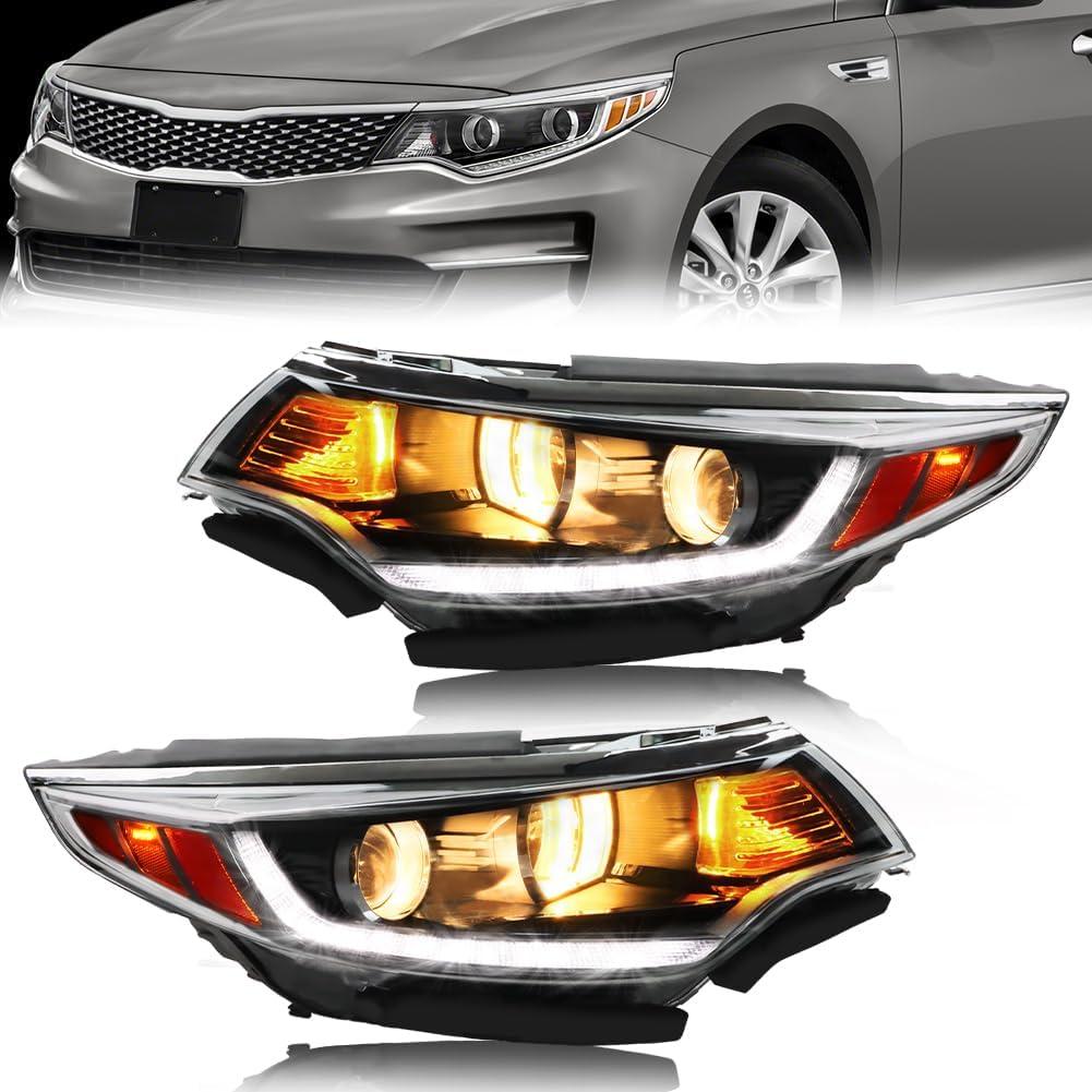 Headlight Assembly for 2016 2017 2018 Ki-a Optima EX/LX/SXL, [with DRL] Driver&Passenger Side Halogen Headlights Assembly with Bulbs Clear Lens Black Housing Amber Reflector, 1 Pair