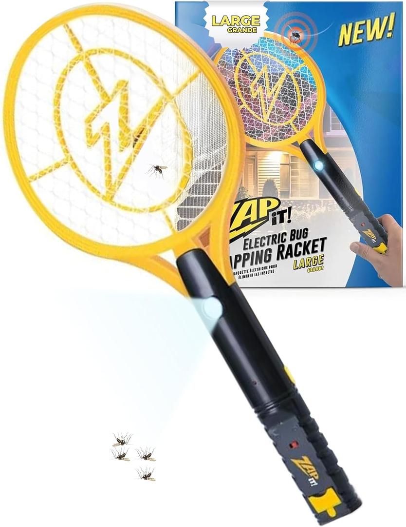 ZAP IT! Rechargeable Electric Fly Swatter Racket - 4,000-Volt Mosquito Zapper with USB Charging and LED Light - Large - Safe 3-Layer Mesh Bug Zapper Racquet for Indoors and Outdoors - Yellow