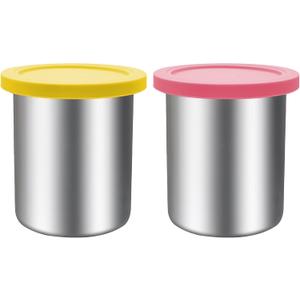 Stainless Steel Pint Containers & Lids Compatible with Ninja Creami ice Cream Maker NC500, NC501, CN501CO Delux Series 2 Pack, 24 oz, Silicone Lids, BPA-Free, Dishwasher Safe