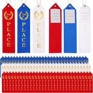 90PCS Award Ribbons, Medal Ribbons for 1st, 2nd, 3rd Place, Event Card & Rope Included, Perfect for Competitions, Sports Events, School Challenges, Vibrant Blue, Red, and White