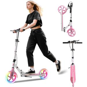 Kick Scooter for Kids Ages 8+ Teens & Adults, with Front handbrake and Rear Brake, and Adjustable Handlebars, Big Sturdy PU Flash Wheels Great Gift & Toy (White)
