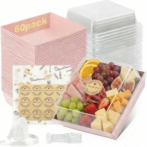 60Pcs Small Charcuterie Boxes with Clear Lids - 5 Inch Disposable Paper Mini Charcuterie Boxes, To Go Bakery Dessert Boxes with Lid for Sandwich, Cookie, Sushi, Cake Slice, and Strawberries (Pink)