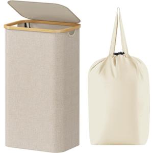 Lifewit 100L Laundry Basket with Lid, Clothes Hampers for Laundry with Bamboo Handles and A Removable Bag, Large Foldable Laundry Hamper for Bedroom, Bathroom, Dorm, Laundry Room, Beige