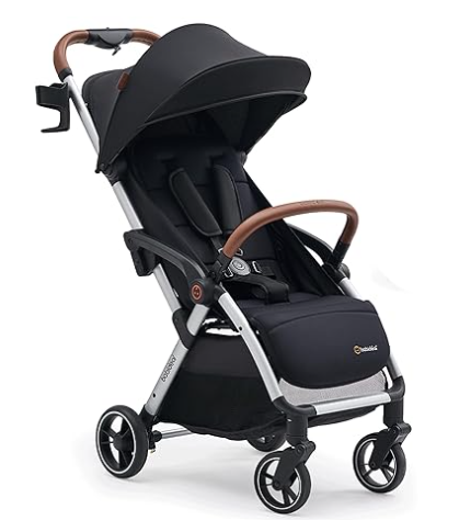 Babideal Lightweight Travel Stroller for Baby, Self-Folding Toddler Stroller with Large Canopy, Full-Reclining Seat, Cup Holder Included - Newborn to 50lbs. (Black)