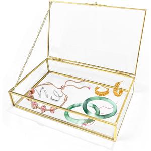 Gold Glass Jewelry Box, Vintage Glass Box with Lid with Chain Rectangle Keepsake Box Trinket Box Card Box Jewelry Display Organizer for Weddings, Events, Birthday Party(8.66x5.31x1.77in)