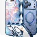 3 in 1 for iPhone 17 Pro Max Case with 360 Spin Magnetic Stand, 1X DIY Glitter Cardstock +1X Screen Protector, [Fit for Magsafe]Cute Wavy Glossy Clear Phone Cover for Women Girls 6.9", Sapphire Blue