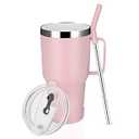 Sursip 30 oz Stainless Steel Tumbler/ Mug/ Cups, Double Wall Vacuum Insulated Inner Spray Ceramics Water Mug with Handle/ Lid/ straw, Cold&Hot Drinks, Travel Cup/ Car Using/ Office Cups/ Gift Choice（Pink）