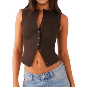 Womens Going Out Tops Summer Spring Ribbed Tank Sexy Crop Cute Y2K Button Down T Shirts Fashion Clothes 2025 (Medium, Coffee)