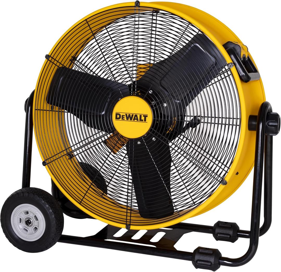 DEWALT DXF2490 High Velocity Fan, Floor Fans, 24 Inch Large Electric Metal Rotating Industrial Fan with 360 Adjustable Tilt & Large Wheel, Drum Fans for Outdoor and Warehouse, Yellow