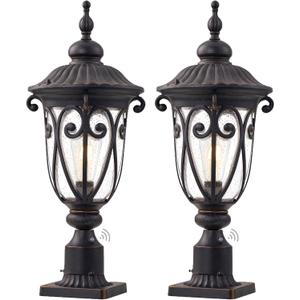 Dusk to Dawn Outdoor Post Light Fixture, 24in High Bronze Post Lantern with Pier Mount, Exterior Pole Lighting with Seeded Glass for Yard, Garden, Patio and Pathway, 2 Pack, LMMS0519-M-2P