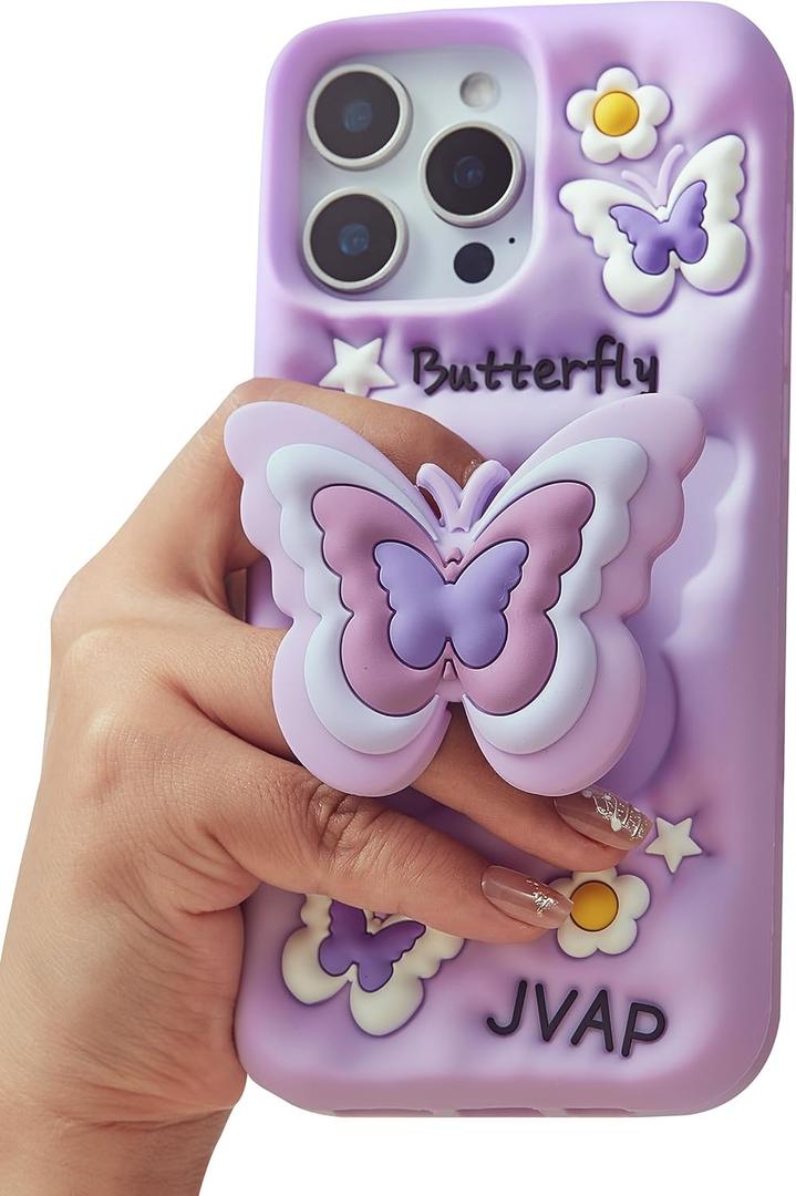 Kawaii 3D Butterfly Phone Case for iPhone 14 (with Retractable Phone Stand & Grip) Cute Girly Cartoon Soft Silicone Phone Cover for Girls, Boys, Kids, Teens, and Women, Purple