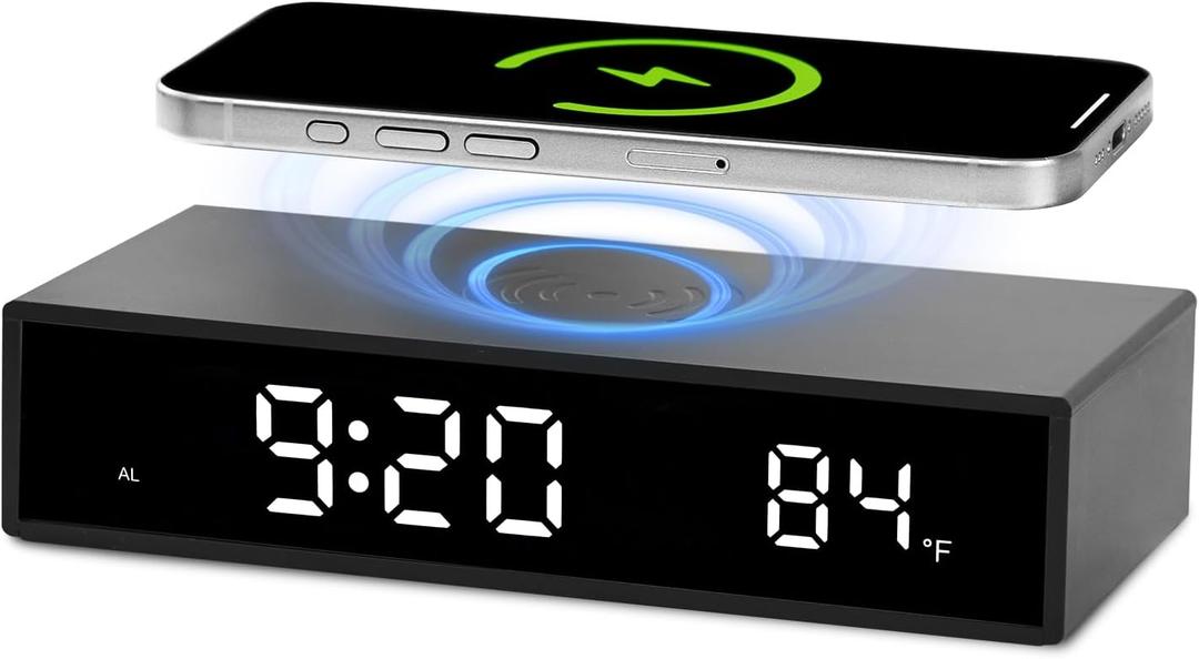 Digital LED Alarm Clock with Wireless Charging, 15W Fast Wireless Charger for Smart Phone for iPhone/Samsung, NightTime Mode Adjustable Brightness Snooze, Clock for Bedroom, Living Room, Office, Black