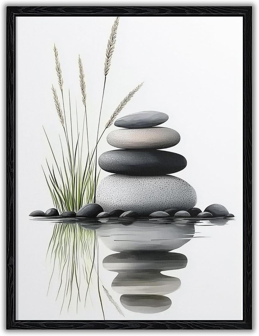 Beautiful Tranquil Zen Stacked Stones with Water Reflection Canvas Wall Art - Cozy Modern Minimalist Spa Decor for Bathroom Bedroom Office - HD Waterproof Stretched Framed Ready to Hang 16x24 Inches