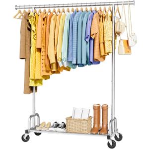 Sakugi Clothes Rack - Large-Capacity Clothing Racks for Hanging Clothes with Lockable Wheels, Space-Saving Metal Coat Rack for Bedroom, Laundry Room, Entryway, 45.6" x 16.9" x 59", Silver