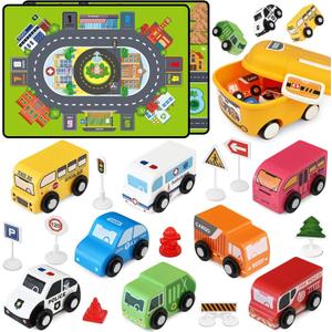Toddler Car Toys, Toy Cars for Toddlers, Wooden Cars Toys for Toddler Boy, 22 PCS Cars and Trucks Toy Vehicles Set with Playmat, Storage Box, Wood Montessori Toys for Baby Birthday Gift (Yellow)