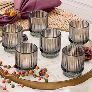 Kate Aspen Ribbed Glass Candle Holder Set - 6 Smoke Gray Tealight Holders for Home, Kitchen, Room or Living Room Decor - Vintage Tea Light Votive Accent for Table or Shelf Styling