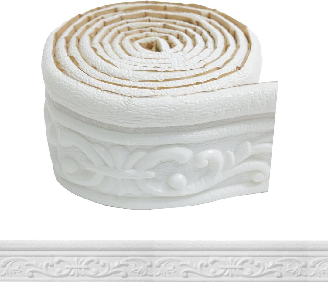 WADILE 90" x 3.1" Peel Stick Foam Molding Trim Self Adhesive, Crown Molding Wallpaper Border Flexible, 3D Wall Edging Lines Foam Baseboard, Wall Trim for Home, White, 4PC